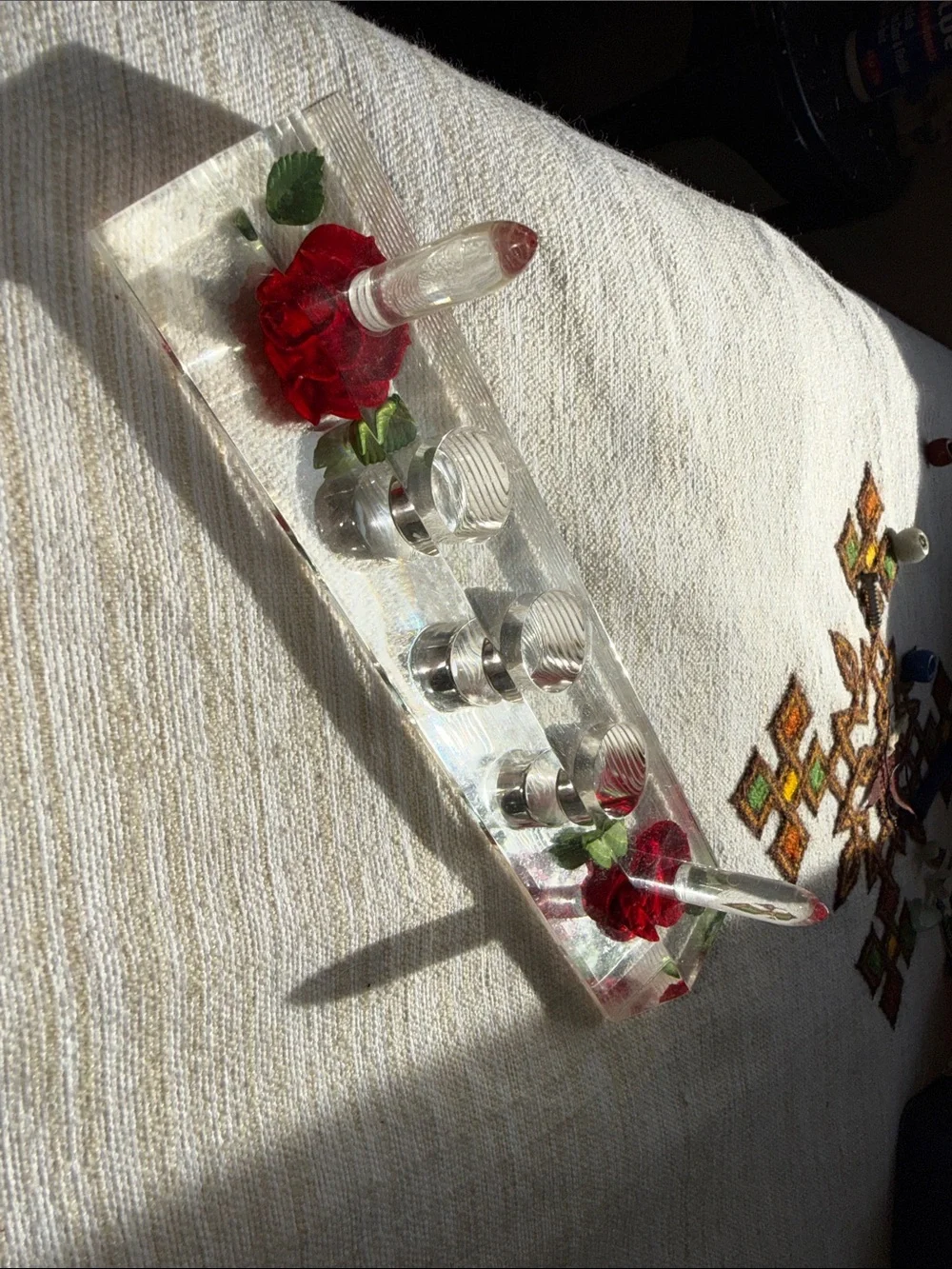 Vintage 70’s Clear plastic Flower ring holder Holder Tray with Red Rose Accents
